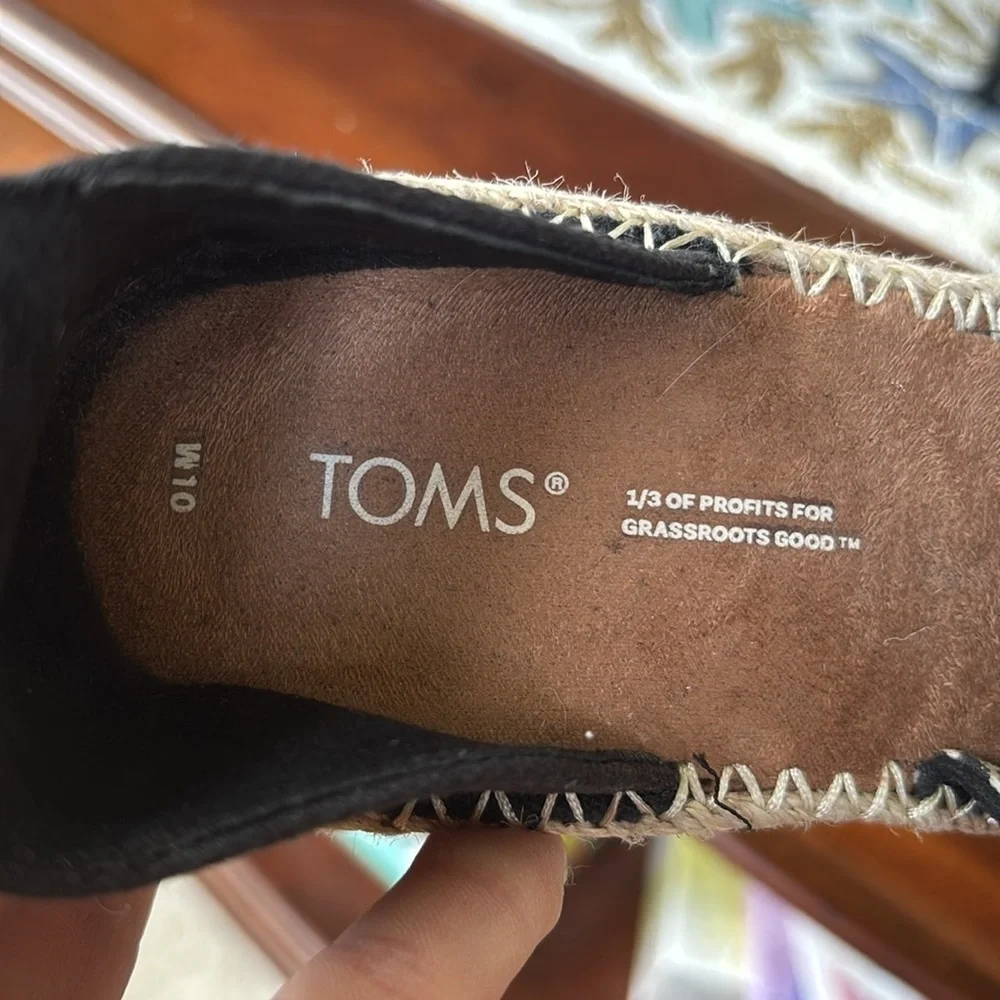 Toms Marisol Espadrille Wedge Sandal Black Canvas w/ Leather Ankle Strap Jute